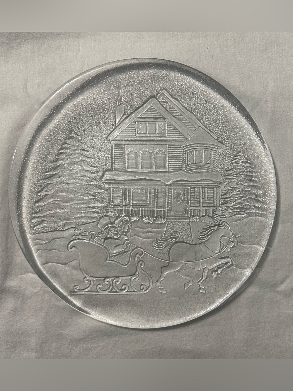 Vintage Clear Glass Christmas Platter 12.5" Winter Scene Horse Sleigh Ride Plate